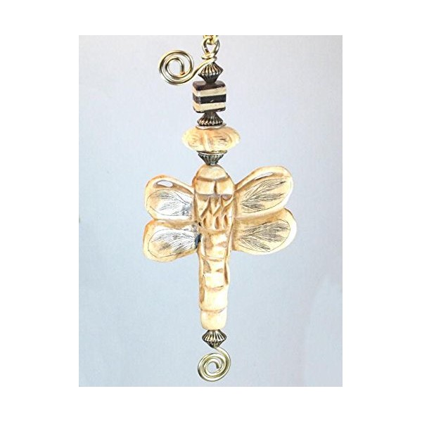 Natural Tan Handcarved Bone Dragonfly with Striped Wood Ceiling Fan Pull Chain