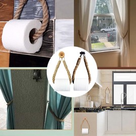 Rope Roll Paper Towel Holder,Decorative Curtain Holdback with Cat's Paw Wood Hook,Rope Towel Rack for House Cabin Camper Farmhouse Decor,9.4" Length (Metal Black)