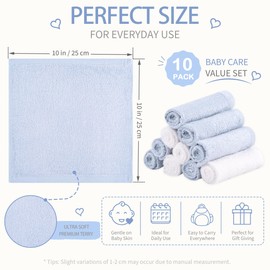 BEBE FAVOUR Baby Washcloths 10 Pack Rayon from Bamboo Ultra Soft Absorbent Terry Wash Cloth 10" x 10" Bath Towels for Face Burp Wipes Reusable Lightweight Newborn Essentials Shower Gift Set