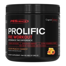 PEScience Prolific - Polvo para preentrenamiento, caramelo de melocotn cido, 40 cucharas, suplemento energtico con xido ntrico, sabor distintivo KK...