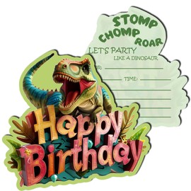 WKGDQSSS Green Dinosaur Theme Birthday Party Invitations 20-Pack with Envelopes Fill-in Design Cards, Green Jungle Decorations for Kids, Boys & Girls Celebration Supplies