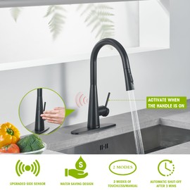 Tohlar Black Touchless Kitchen Faucet with Pull Down Sprayer, Stainless Steel Sensor Kitchen Faucet for Sink 3 Hole, Modern Single Handle Kitchen Sink Faucets with Deck Plate, Matte Black