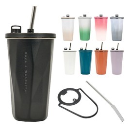 Tumbler with Straw, Water Bottle, Tumbler with Straw, Spill-proof, 20.1 fl oz (600 ml), Stainless Steel with Strap, Wide Mouth, Includes Lid, Hot and Cold Insulated, Double Layer, Storage, Travel