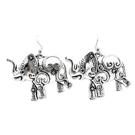 Elephant – Lg Fancy - 39x32mm - Silver alloy charm dangle earrings. Hypoallergenic Fishhook or Ball Post Earrings Option