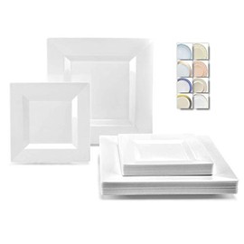 " OCCASIONS " 50 Plates Pack (25 Guests)-Heavyweight Wedding Party Square Disposable Plastic Plate Set -(25 x 9.5'' + 25 x 6.5'' (Square White)