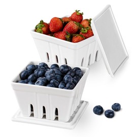 Dizada Ceramic Berry Basket with Lids, Fruit Bowl/Baskets with Covers, 5 Inch Colander For Kitchen, Fruit Bowls for Strawberry, Grape, Cherry, Berries, Stoneware Harvest Bowls Set of 2, White
