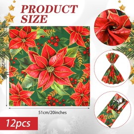 12 Pcs Christmas Poinsettia Cloth Napkins 20x20 Washable Dinner Red