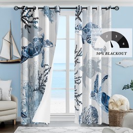 Nautical Coastal Curtains Decorative Beach Ocean Sea Turtle Coral 50% Light Blocking Sea Darkening Grommet Curtain For Villa Living Room, Bedroom Navy Blue and White 2 Panels Set, 52x96 Inches