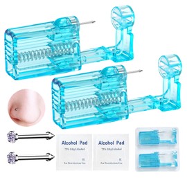 orilace 2 Pack Nose Piercing Kit, Disposable Self Piercing Kit Built-in Nose Stud At Home Piercings Gun Easy Use Crystal Blue Shell Nose Piercer Kit, Plastic, cubic zirconia