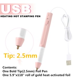 Briartw Hot Foil Pen Kit -2.5mm Bold Tip Heat Active Pen for Foiling on Paper, Wood, Leather - Includes Gold Foil Roll & USB (5V) - Write, Draw, Trace, Stencil - Pink Craft Pen Tool