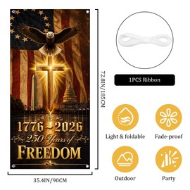 250th Anniversary Decorations Door Banner, 4th of July Religious Cross Eagle Flag Decor, 1776-2026 Patriotic Independence Day Indoor Outdoor Door Cover, 72.83 x 35.43 Inches