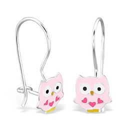 Pink Owl Dangling Earrings - Fish Hook Clasp - 925 Sterling Silver