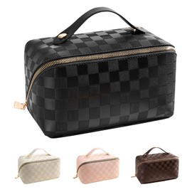 Bolsa de maquillaje de gran capacidad, bolsa de cosméticos de viaje, bolsas de maquillaje de piel sintética para mujeres, impermeable, portátil, gran bolsa abierta con divisor y asa para bolsa de