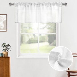 Hiasan - Cortina de cenefa transparente con textura de lino para cocina, cenefas de bolsillo para barra sólida para ventanas de recámara, 52 x 18 pulgadas de largo, blanco, 1 panel