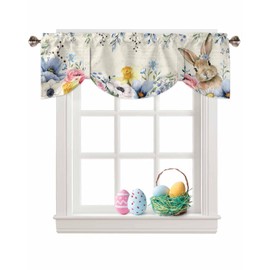 Easter Tie Up Valances Window Valance Curtains Bunny Rabbit Spring Flowers Eucalyptus Retro Floral Adjustable Ties Valance Rod Pocket Valances for Kitchen/Bedroom/Bathroom, 54x18 Inch