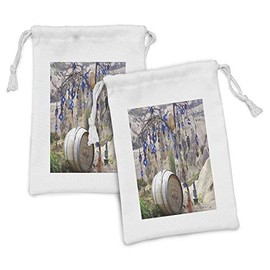 Ambesonne Evil Eye Fabric Pouch Set of 2, Picturesque Landscape with Evil Eyes on a Tree Cappadocia Turkey Anatolian Culture, Small Drawstring Bag for Toiletries Masks and Favors, 9" x 6", Multicolor