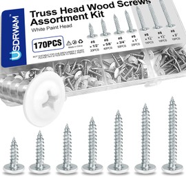 170 Pcs #8 White Wood Screws Assortment Kit, Truss Head Self Tapping Screws, 6 Sizes 1/2", 5/8", 3/4", 1", 1-1/4", 2"