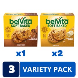 BelVita Soft Baked Breakfast Biscuits Variety Pack with Banana Bread and Oats and Chocolate, 15 Total Packs, 3 Boxes (1 Biscuit Per Pack)