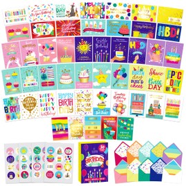Decorably 50 Pack Foiled and Glittery 6x4in Assorted Adult and Kids Birthday Cards Bulk with Envelopes and Stickers, 50 Unique Designs Bulk Birthday Cards with Envelopes, with Printed Message Inside