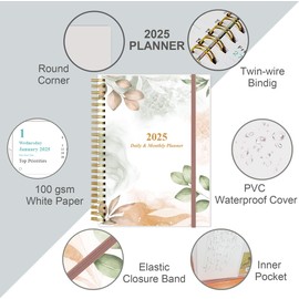2025 Daily & Monthly Planner - One Page Per Day, Daily Planner 2025 from Jan 2025 to Dec 2025, Planner 2025 with 12 Monthly Tabs, 6.4" x 8.5", Rose Leaf
