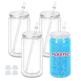 Maucircol 16 Oz Plastic Snowglobe Tumbler, 4 Pack Pre-Drilled Double Wall Plastic Clear Cup for Glitter Snow Globe Diy, Double Wall Snowglobe Cup with Clear Lid