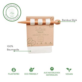 Susable Set of 2 Reusable Tea Bags Made of Fabric, 100% Organic Cotton, Tea Filter, Permanent Filter, Reusable Filter (1 x Small, 1 x Large), Includes 1 Bamboo Stick