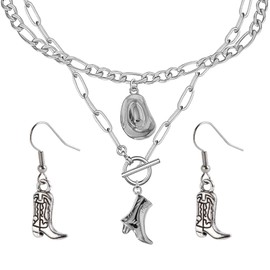 TUBAWD 4Pcs Set Cowboy Necklace, Cowgirl Necklace for Women Cowboy Boot Necklaces, Double Layered Collarbone Chain Necklaces,Trendy Personality Niche Fashion Alloy Pendant Necklaces (Silvery)