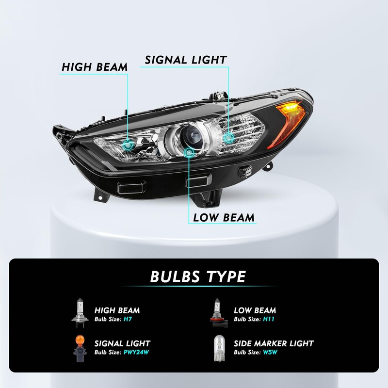 TUSDAR Headlight Assembly Set Compatible with 2013-2016 Ford Fusion Driver