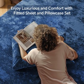 BEDELITE Velvet Fitted Sheet and Pillowcases Set, Luxury Soft Fuzzy Bottom Sheet with Reinforced Elastic Corner Straps, Deep Pocket up to 15 Inch, 1 Fitted Sheet and 2 Pillowcases (Queen, Navy Blue)