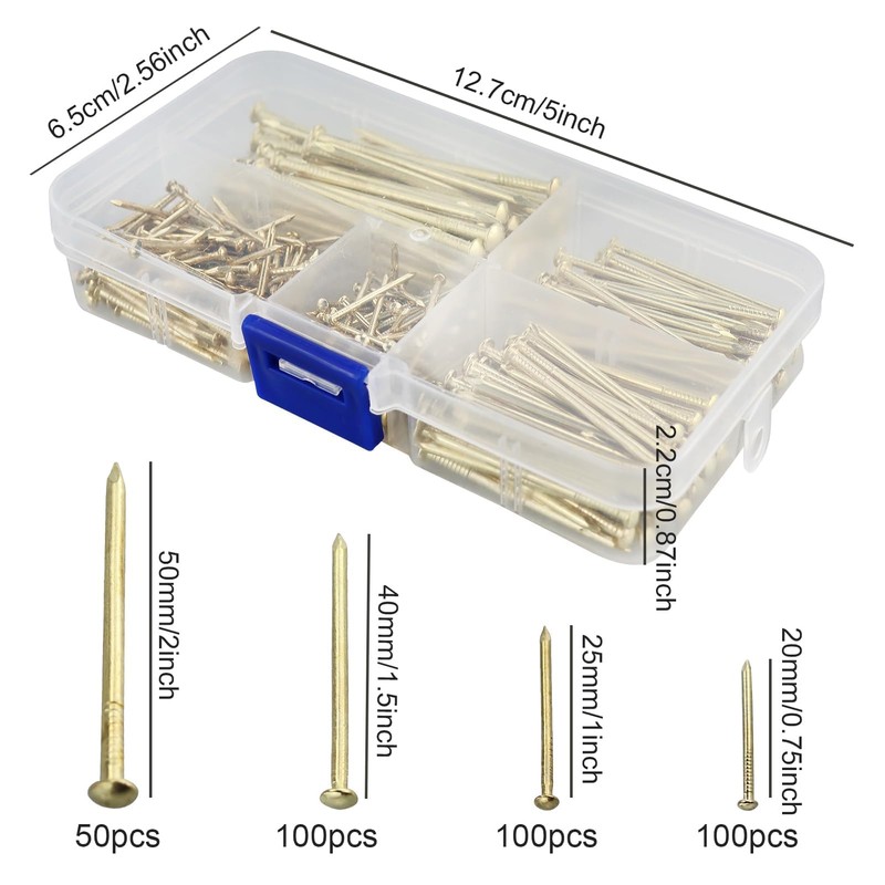 350 Piece Wall Nail Set, Brass-Plated Nails Assortment, Brass Coated