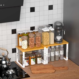 Expandable Kitchen Cabinet Organizer Shelves – Stackable Adjustable Metal and Wood Storage Racks for Countertop, Pantry, Garage Set of 2 Spice Rack – Easy Assembly, Space-Saving(1 Pack/Large/White)