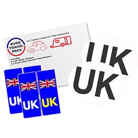 Euro Vehicle Travel Pack - 2 x UK White Oval Stickers and 2 x Front & Rear Blue Number Plate Stickers - Replaces GB Sticker for Car Van Caravan Truck Motorhome France Spain Germany Europe Eurotunnel