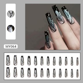 RTKHFZE Black French Tip Press On Nails Square - Press on Nails Long Cat's Eye Fake Nails with Glitter Butterfly Wings Designs Press On False Nails Full Cover Artificial Acrylic Nails for Women