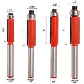 Sinoprotools 4pcs Flush Trim Router Bit Set 1/4 Inch Shank with Bearing, Milling Cutter Tools, Industrial Grade Template Pattern Flush Trimming Router Bit, for Woodworking 1/4" 5/16" 3/8" 1/2"