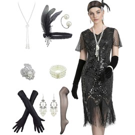1920s Flapper Gatsby Dresses for Women Roaring 20's Dress w/ 20s Accessories Set Black