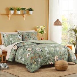 CASAAGUSTO Queen Comforter Set, 7 PCS Green Butterfly Floral Comforter Set with Flowers Leaves Pattern, Soft Seersucker Design All Season Queen Size Bedding Set(90"X90")