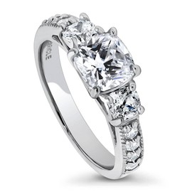 BERRICLE Sterling Silver 3-Stone Wedding Engagement Rings 1.5 Carat Cushion Cut Cubic Zirconia CZ Promise Ring for Women, Rhodium Plated Size 4.5