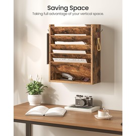CHOEZON Wall File Organizer, 6-Tier Vertical Mount Hanging Holder with 2 Side Hooks, Vintage Wooden Magazine Storage Crate with Bottom Flat Tray, Desk Organizer, for Office, Home, Rustic Brown MWJ01FG