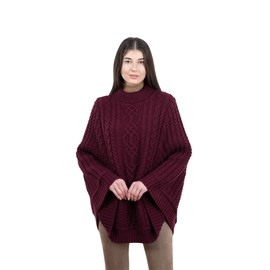 SAOL 100% Merino Wool Cable Knit Ladies Irish Aran Poncho Cardigan (Wine,S-M)