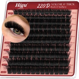 Fluffy-Cluster-Lashes 220D Individual-Lashes, Higu clace 12-20mm Thick Lash-Clusters D Curl Long Lash, Reusable Russian Individual-Eyelashes Clusters DIY Lash Extension at Home (220D 12-20)