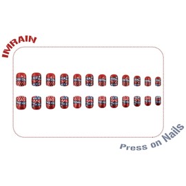 IMRAIN Independence Day Press on Nails Short Square Fake Nails Metal Chrome Blue Red Acrylic False Nails with Star Designs Full Cover Artificial Nail Art Glossy Glue on Nails for Women Nail DIY