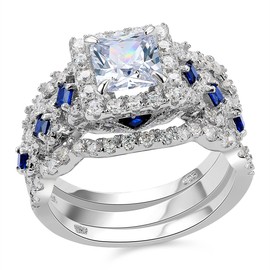 Newshe Engagement Wedding Ring Set 925 Sterling Silver 3pcs 2.5ct Princess White Cz Blue Size 95