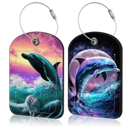 2 Pack Luggage Tag for Suitcase Jumping Dolphin Leather Suitcase Tags with Privacy Name ID Label and Stainless Steel Loop for Travel Bag Suitcase