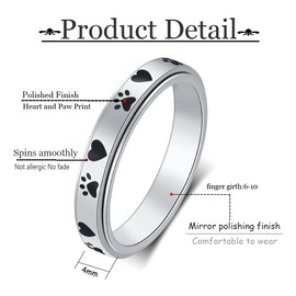 AmorArtSky Spinner Ring for Anxiety Relief Fidget:Puppy Pet Lovers Paw Print Ring Anxiety Ring for Women, Titanium Stainless Steel Spinner Ring,Love Dog Cat Claw Ring Pet Loving Friend Families Gifts