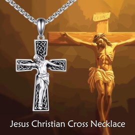 POPLYKE Jesus Kruzifix Halskette Männer 925 Sterling Silber Jesus von Nazareth Keltische Knoten Halskette Religiöser Schmuck für Damen Männer 22"+2" Kette