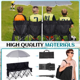 Cinnvoice Folding Soccer Bench Chair Portable Team Sports Sideline Bench Team Bench Seat with Umbrella for Football Camp Travel Events Outdoor Seating with Storage Bag(4 Seat)