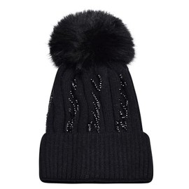 ArkXani Winter Hats for Women Zigzag Pompom Knitted Beanie Thermal Layer Fleece Lined Warm Beanie with a Faux Fur Turnup Beanie Bobble m Hats with Fluffy Interior Pompom Zigzag Pattern (Black)