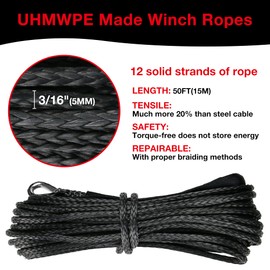 WROUGH - Cuerda de cabrestante sintética de 3/16 x 50 pies con funda protectora y dedal, resistencia a la rotura de 8 libras, cuerda de cabrestante resistente para ATV, UTV, remolque de barco, Jeep,