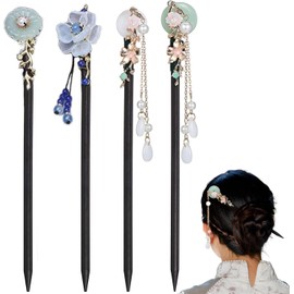 4 PCS Lexziuo Chinese Hair Sticks,Handcrafted Wooden Hairpins with Flower Tassels, Ideal for Retro-Styled Womenr
