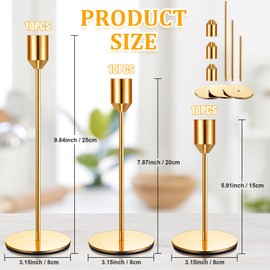 Tioncy 30 Pcs Candlestick Holders Bulk 5.7"/7.7"/9.7" Tall, Metal Taper Candle Holders Fit 0.75 Inch Thick Pillar Candle Candelabra Party Table Centerpieces for Wedding Valentine's Anniversary(Gold)